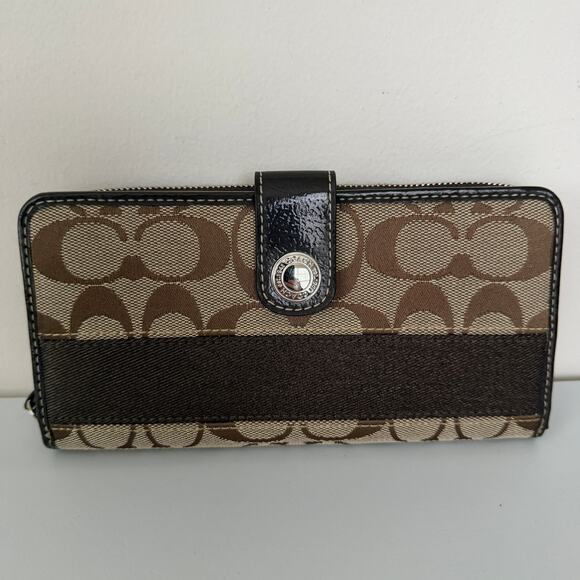Coach Signature C Accordion Long Wallet Classic Tan Canvas & Brown Leather - Picture 2 of 9